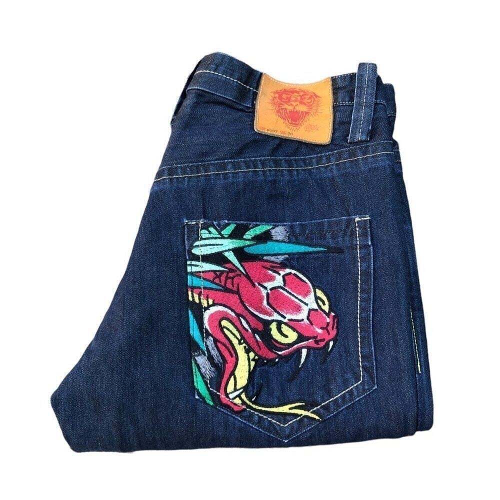 Rare Ed Hardy Embroidered Jeans Size 36 'Snake Bite'